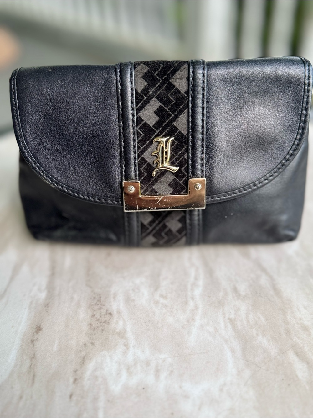 L.A.M.B. Black Leather Clutch with Gold Hardware